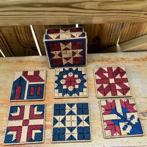 Set of 6 Handmade Needlepoint Cork Back Coasters with Matching Box - Picture 1 of 4